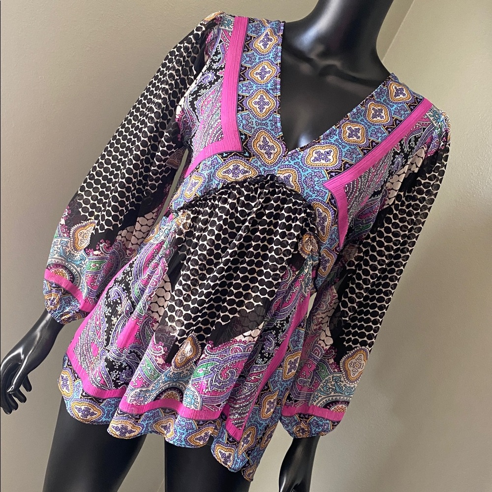 Rose & Olive Pink, Purple, and Black Patterned Bohemian Sheer Blouse Top
